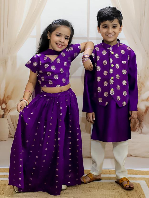 BownBee Chanderi Jacqurd Attached Jacket Kurta Pajama for Boys with Lehenga Choli Dupatta Set for Girls - Purple