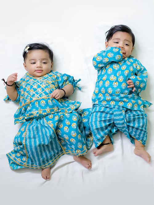 BownBee Pure Cotton Printed Kurta Dhoti Set for Boys With Pure Cotton Lehenga Choli for Girls- Blue