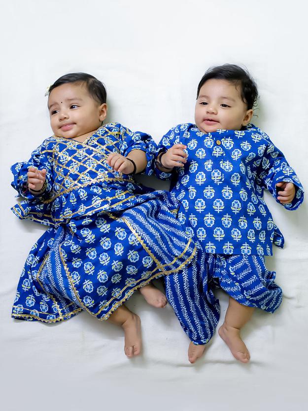 BownBee Pure Cotton Printed Kurta Dhoti Set for Boys With Pure Cotton Lehenga Choli for Girls- Indigo