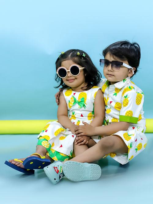 BownBee Pinacolada Shirt & Shorts Set & Summer Frock Sibling Set - White