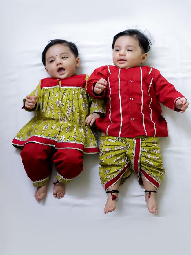 BownBee Fish Fun Dhoti Kurta & Fin-Tastic Kurta With Harrem Sibling Set - Red