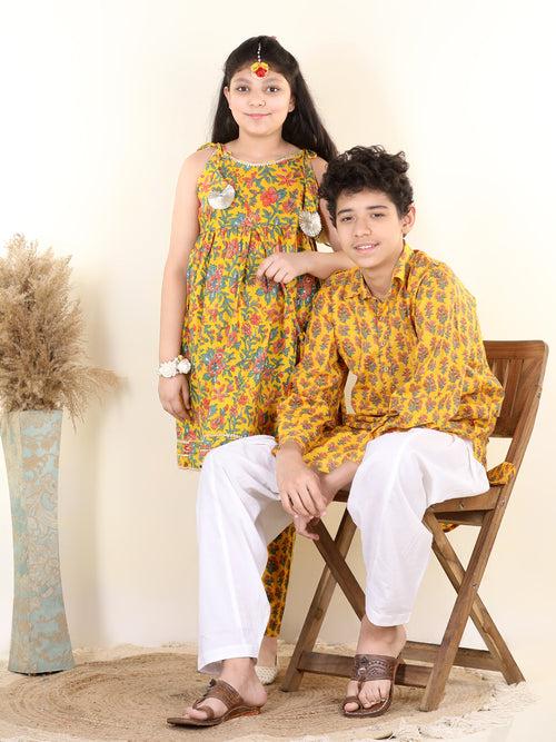 BownBee Sibling Cotton Kurti Pant and Kurta pajama Set-Yellow