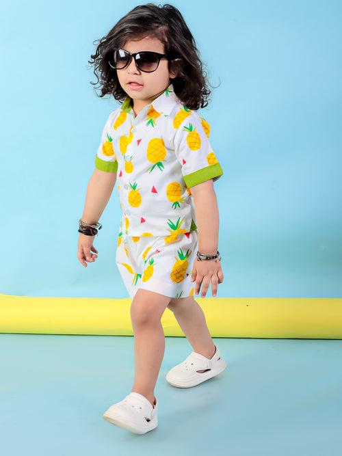 BownBee Pinacolada Shirt & Shorts Set & Summer Frock Sibling Set - White