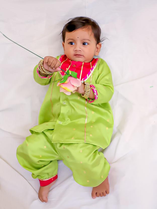 BownBee Infants Minty Pink Kurta With Harrem Set For Girls - Green