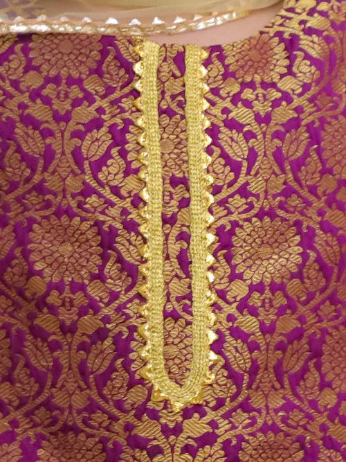 BownBee 3/4th Sleeve Surkh Zari Kurta & Tulip Salwar With Net Dupatta Set For Girls - Purple