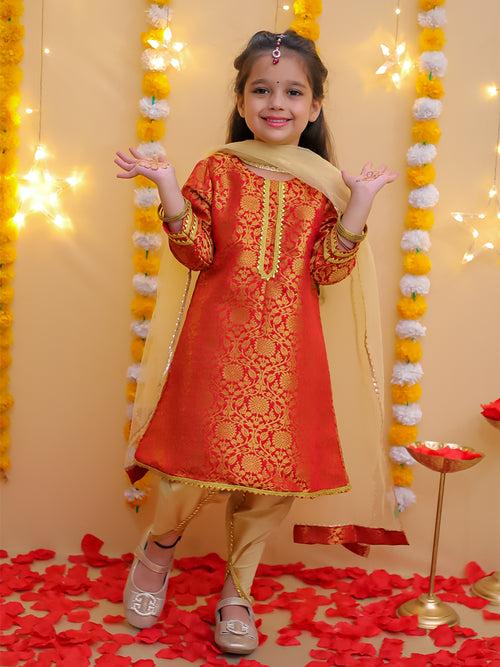 BownBee 3/4th Sleeve Surkh Zari Kurta & Tulip Salwar With Net Dupatta Set For Girls - Purple