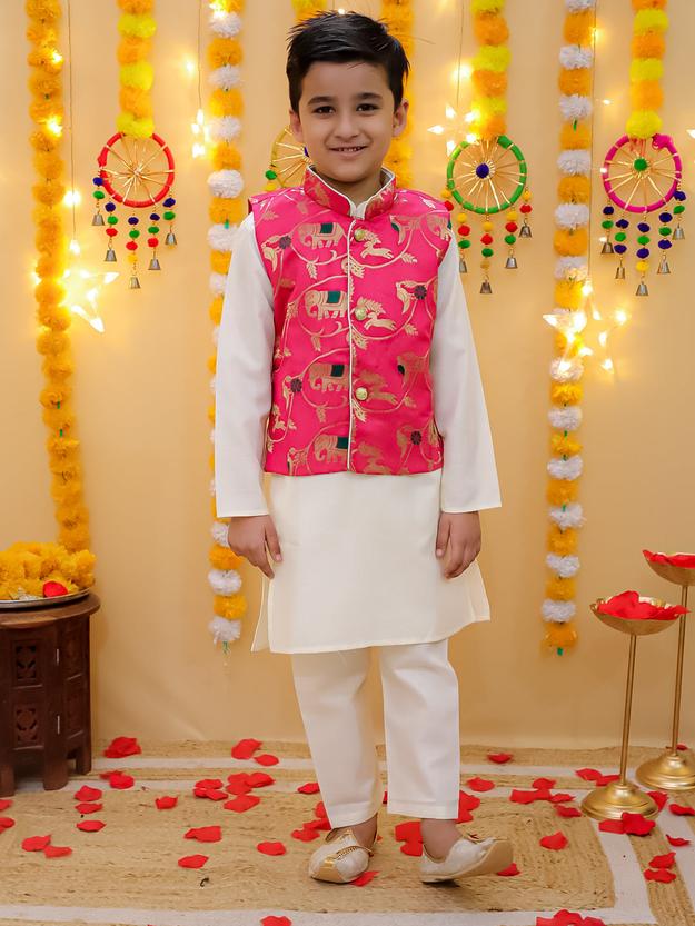 BownBee Pure Cotton Kurta Pajama with Jacquard Jacket Set for Boys- Pink