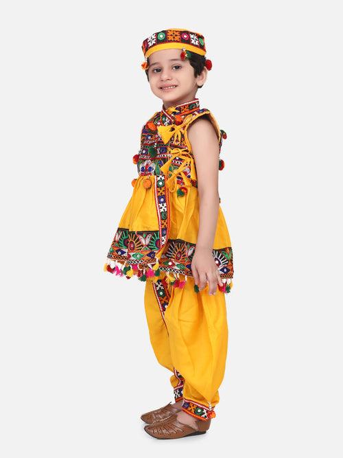 BownBee Sibling Embroidered kediya with Dhoti and Cap for Boys and Bandhani halter neck chaniya choli for Girls - Yellow