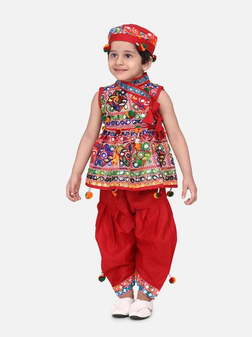 BownBee Sibling Embroidered kediya with Dhoti and Cap for Boys and Mirror Work Chaniya Choli with Dupatta - Red