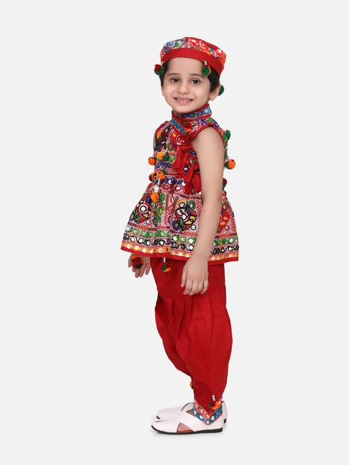 BownBee Sibling Embroidered kediya with Dhoti and Cap for Boys and Mirror Work Chaniya Choli with Dupatta - Red