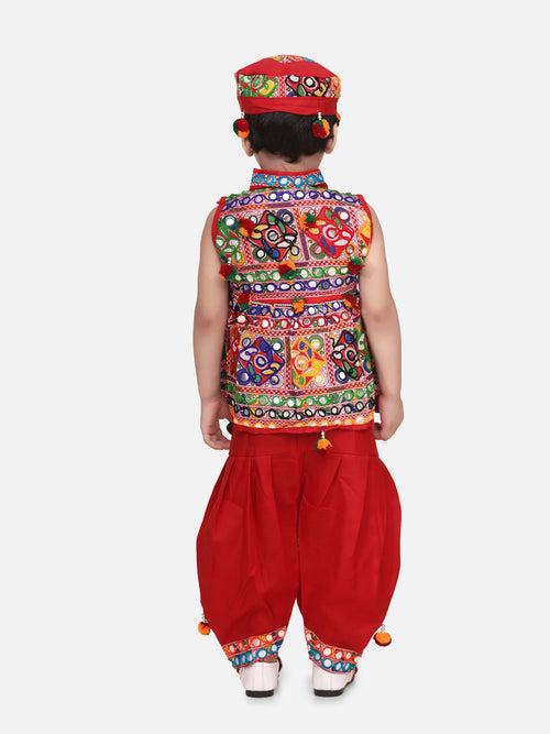 BownBee Sibling Embroidered kediya with Dhoti and Cap for Boys and Mirror Work Chaniya Choli with Dupatta - Red