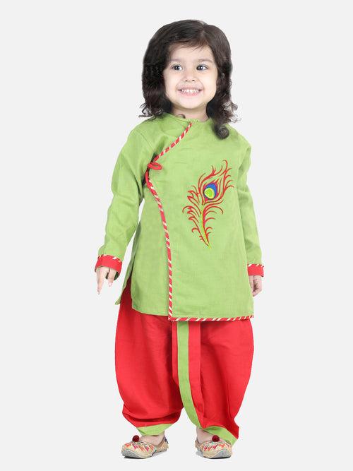 BownBee Cotton Embroidery Dhoti Kurta for Boys-Green Cotton Embroidery Top Dhoti for Girls-Green