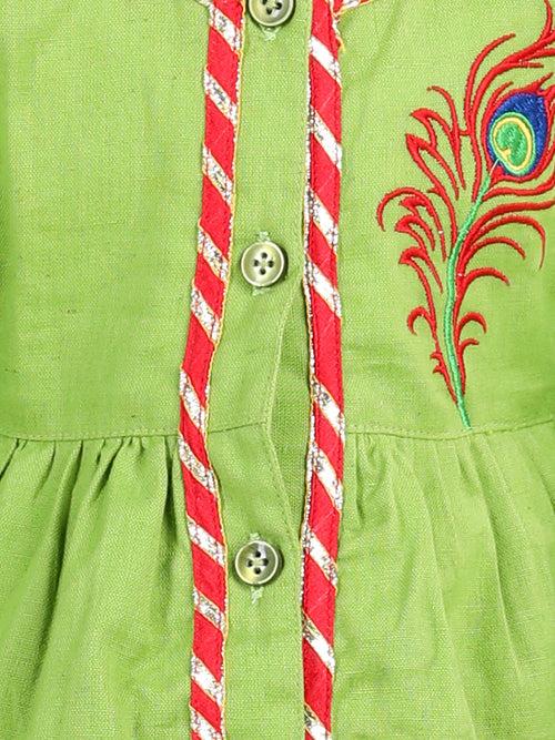 BownBee Cotton Embroidery Dhoti Kurta for Boys-Green Cotton Embroidery Top Dhoti for Girls-Green