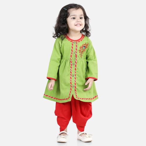 BownBee Cotton Embroidery Dhoti Kurta for Boys-Green Cotton Embroidery Top Dhoti for Girls-Green