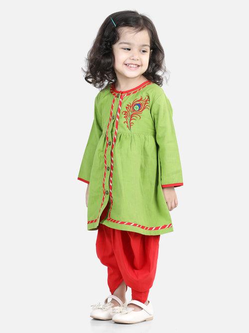 BownBee Cotton Embroidery Dhoti Kurta for Boys-Green Cotton Embroidery Top Dhoti for Girls-Green