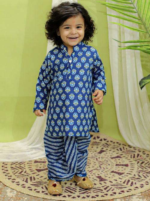 BownBee Full Sleeve Pure Cotton Dhoti Kurta for Boys- Indigo