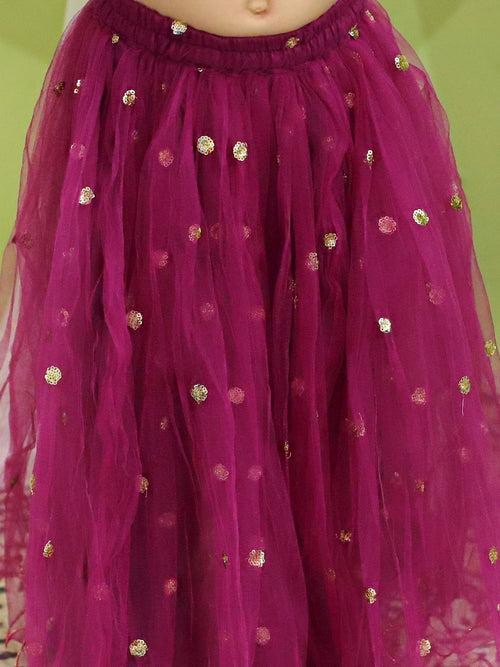 BownBee Organza Cape Top with Sequined Net Lehenga for Girls- Purple