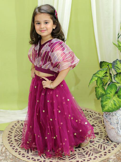 BownBee Organza Cape Top with Sequined Net Lehenga for Girls- Purple