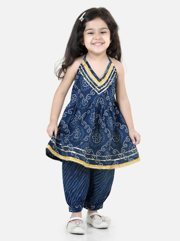 BownBee Halter Neck Pure Cotton Kurti with Harem for Girls- Blue