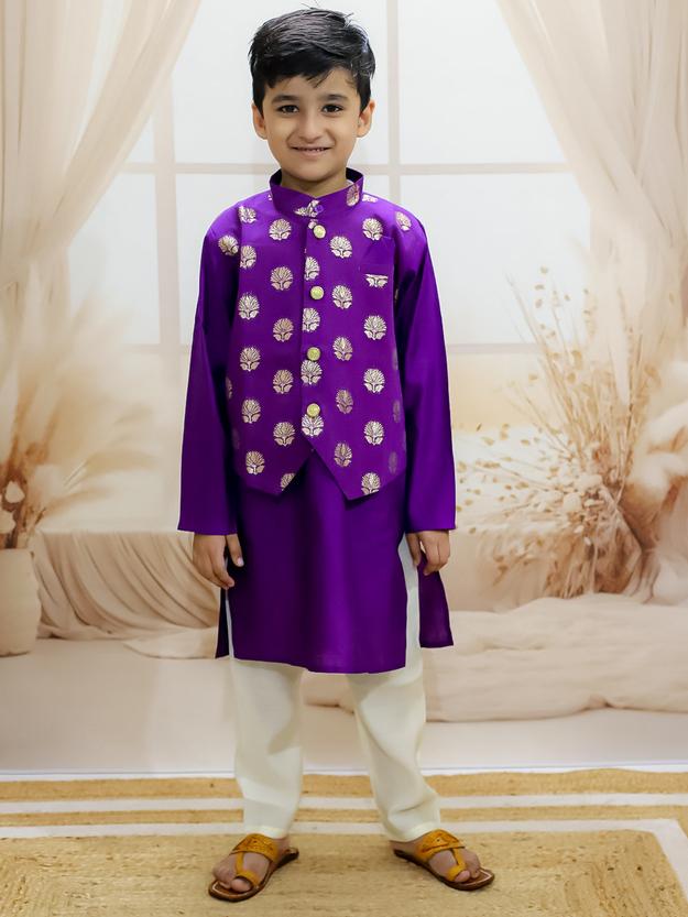 BownBee Pure Chanderi Attached Jacket Kurta Pajama for Boys - Purple