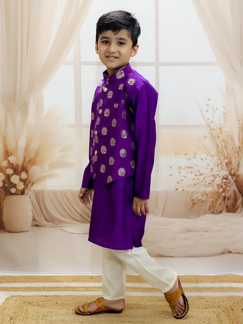 BownBee Pure Chanderi Attached Jacket Kurta Pajama for Boys - Purple