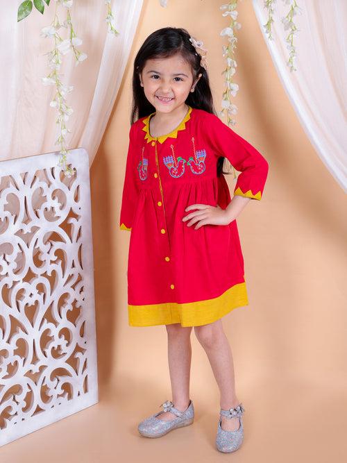 BownBee Cotton Embroidered Frock Dress for Girls- Red