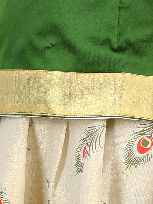 BownBee Silk Half Sleeves Motif Printed South Indian Pavda Pattu Lehenga Choli - Green