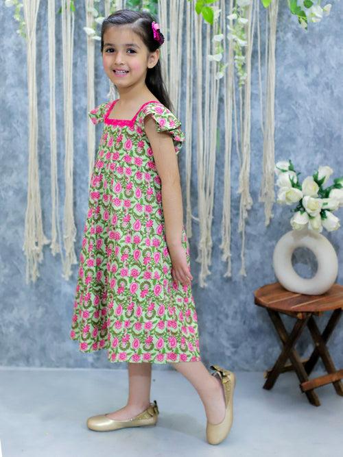 BownBee Pure Printed Cotton Tier Summer Frock for Girls - Green