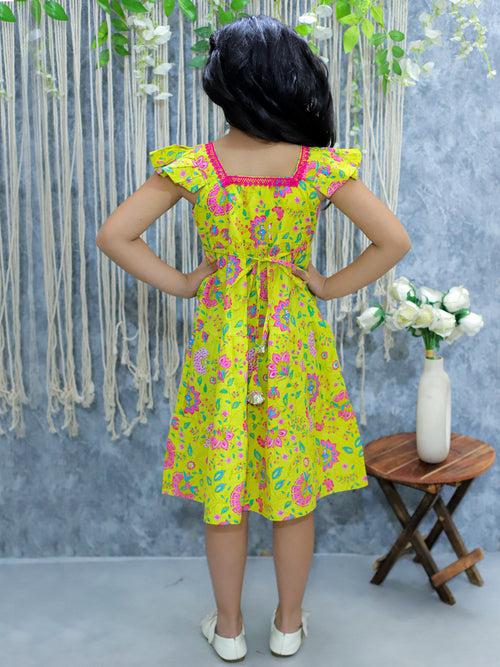 BownBee Pure Printed Cotton Tier Summer Frock for Girls - Yellow