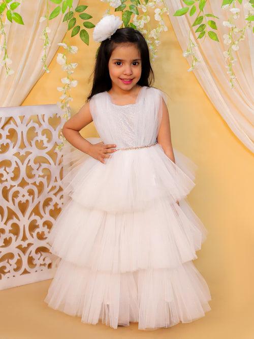 BownBee Heavy Net Layered Party Frock Dress with Hairclip for Girls- White