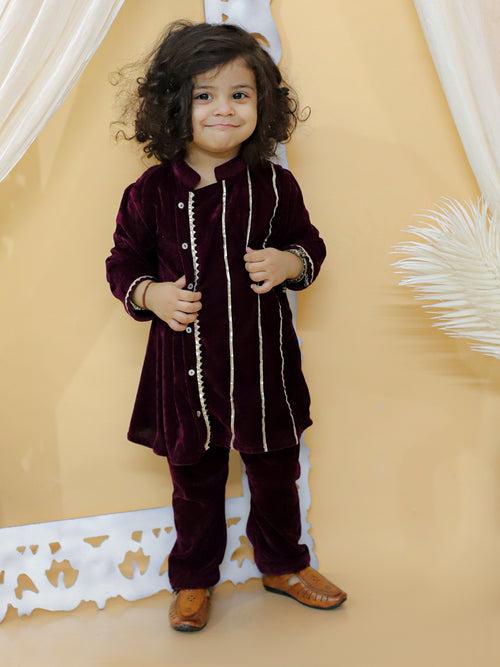 BownBee Boy Sibling Sets Ethnic Front Open Embellished Velvet Full Sleeve Kurta with Pajama and Girl Ethnic Wedding Gota Work Anarkali Kurta and Sharara Net fabric Dupatta Set-Purple (Pre-Order)