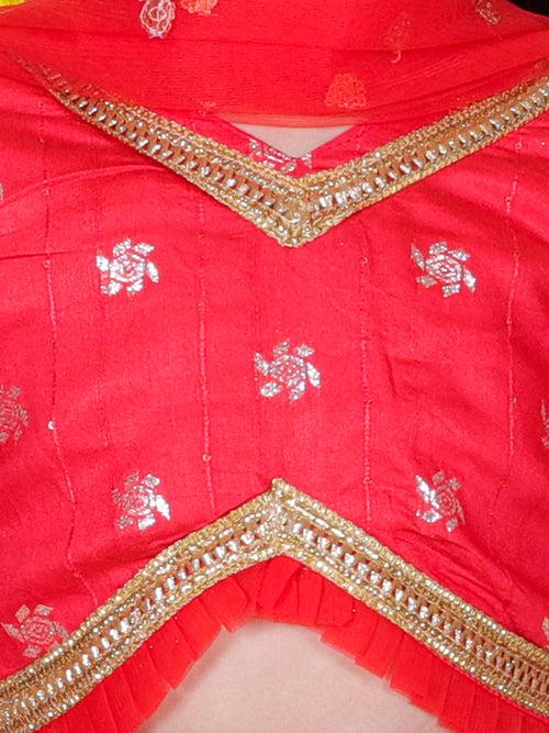 BownBee Pure Chanderi 3/4th Sleeve Top with Lehenga & Dupatta For Girls - Red