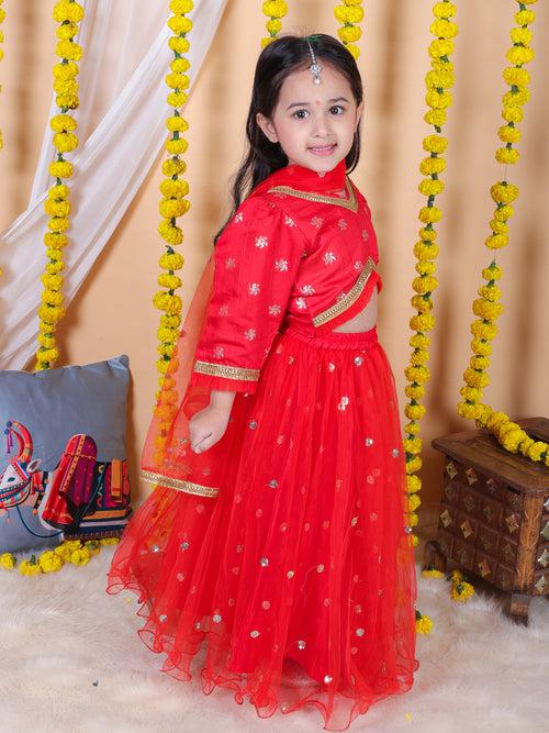 BownBee Pure Chanderi 3/4th Sleeve Top with Lehenga & Dupatta For Girls - Red