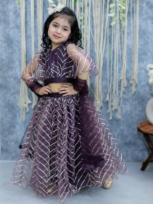 BownBee Net Choli with Heavy Net Lehenga & Dupatta for Girls - Purple