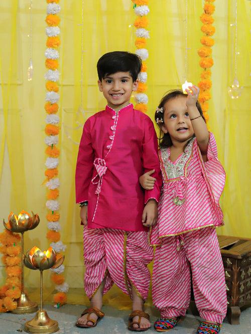 BownBee Front Open Cotton Full Sleeve Kurta with Dhoti and Pure Cotton Kaftan with Harem for Girls- Pink