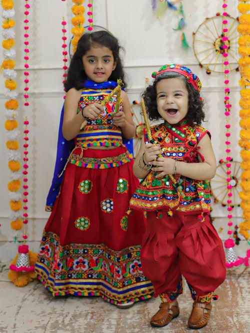 BownBee Sibling Embroidered kediya with Dhoti and Cap for Boys and Mirror Work Chaniya Choli with Dupatta - Red