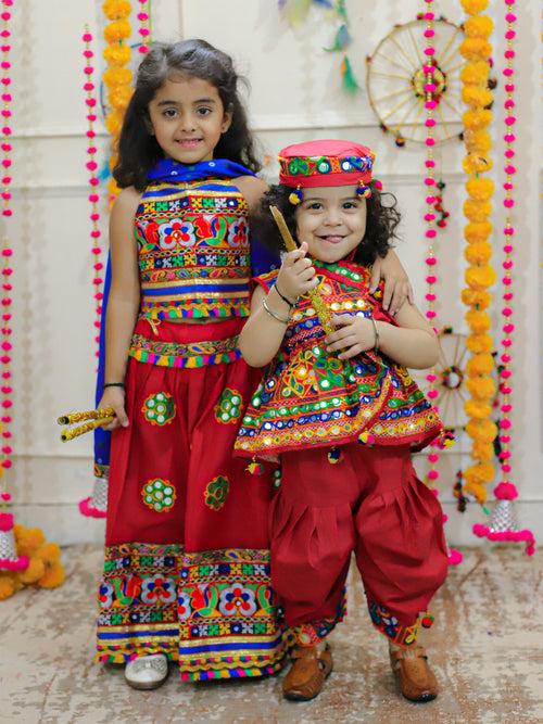 BownBee Sibling Embroidered kediya with Dhoti and Cap for Boys and Mirror Work Chaniya Choli with Dupatta - Red