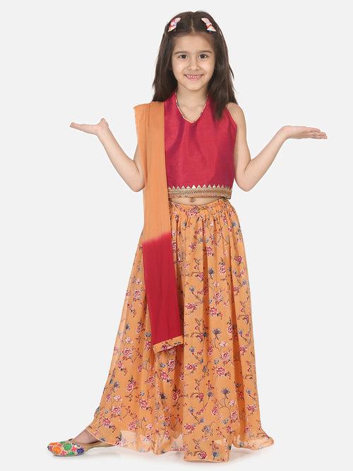 BownBee Sleeveless Halter Neck Choli With Floral Print Lehenga & Dupatta - Maroon & Peach