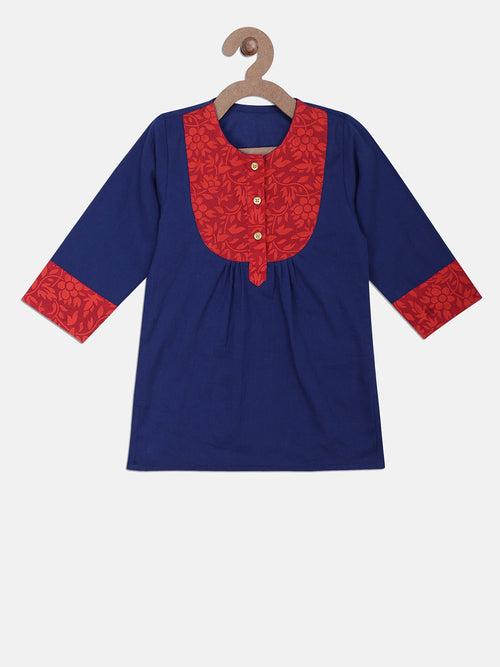 BownBee Flower Printed Full Sleeves Kurti - Navy Blue