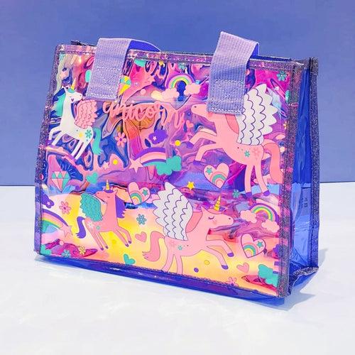 Premium Quality Small Unicorn Printed Multipurpose Holographic Tote Bag (Purple Unicorn)