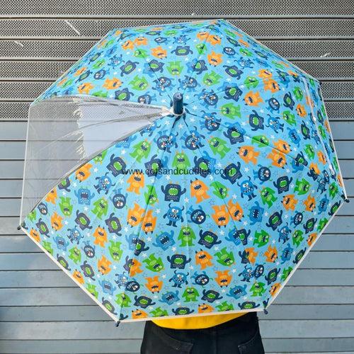 Colorful PVC Kids Umbrella with 1 Rib Clear See-Thru Vision: A Fun and Functional Rainy Day Companion (Monster)