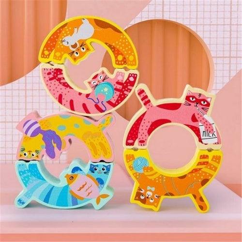 Wooden kitten balance game Kids Creative Cat Building Blocks Smooth Stacking Toy Game