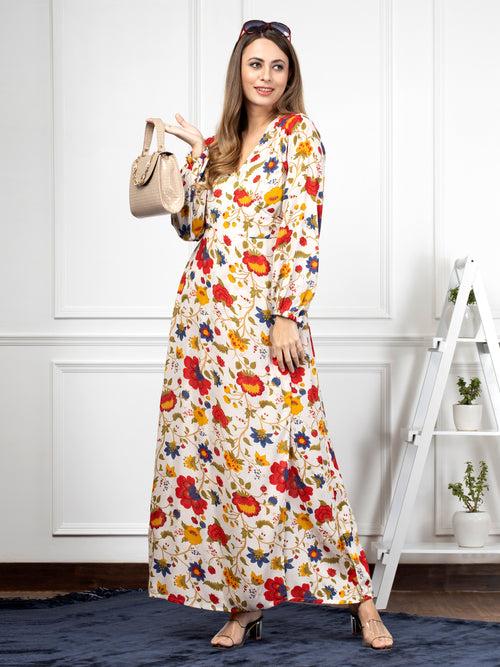 White Flora Printed Tie-Up Wrap Around Maxi Dress