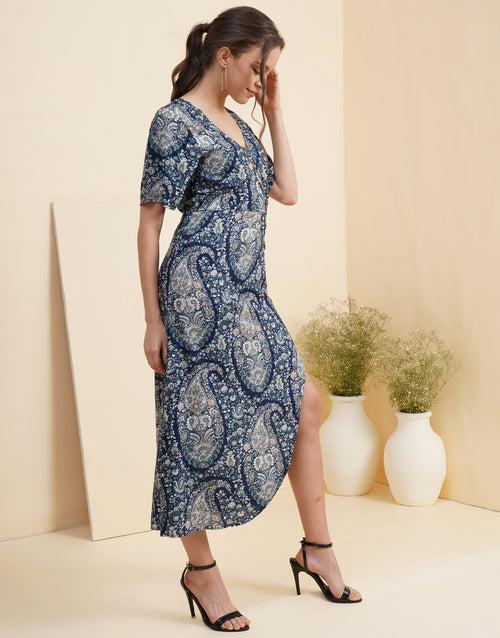 Button Front Split Patterned Midi Dress