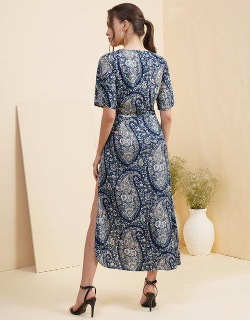 Button Front Split Patterned Midi Dress