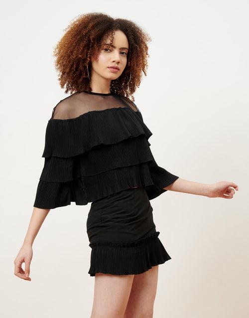 Black Round Neck Pleated Top