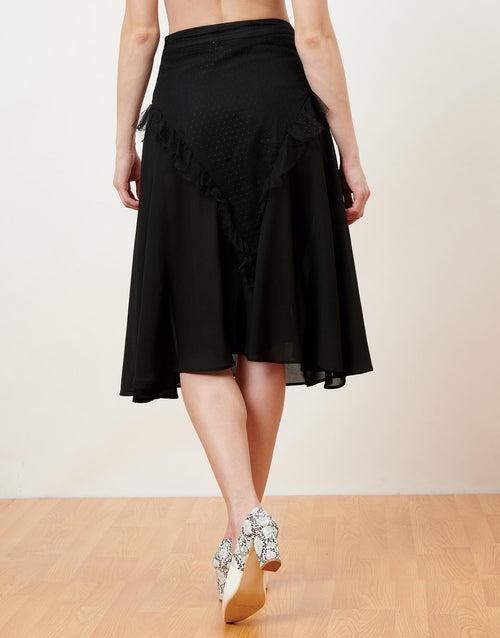 Black Ruffle Detail Midi Skirt