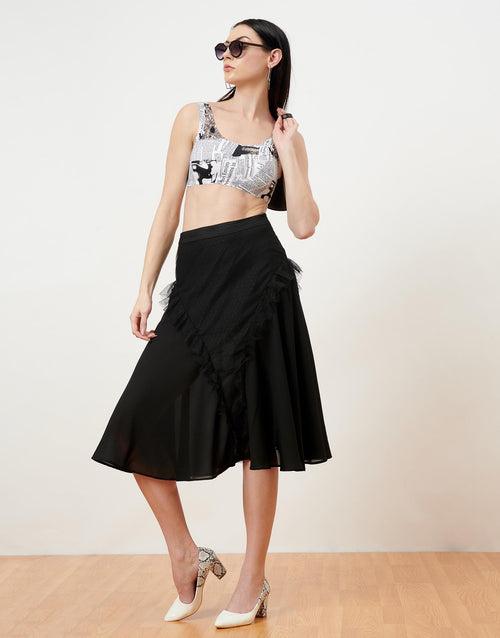 Black Ruffle Detail Midi Skirt