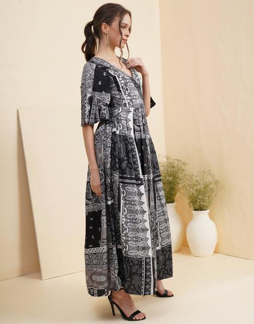 Black Scarf Print Wrap Maxi Dress