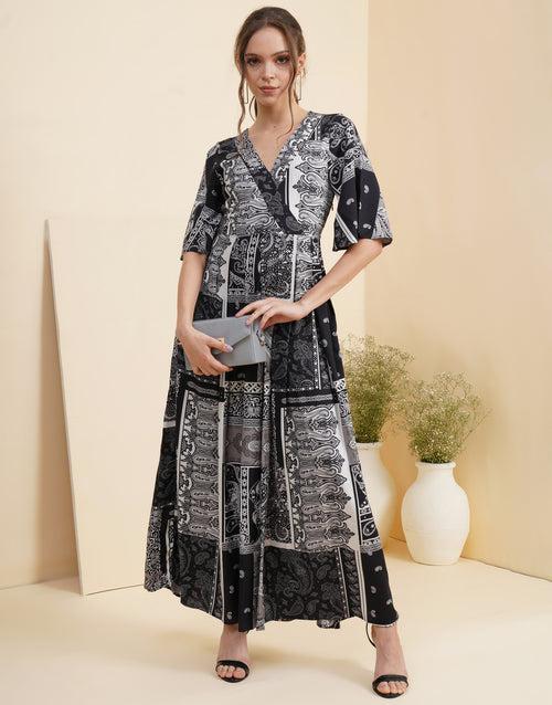 Black Scarf Print Wrap Maxi Dress